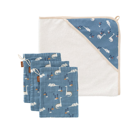 a set of baby hooded towel and 3-pc wash cloth in dinosaur print