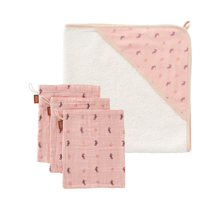 a set of baby hooded towel and 3-pc wash cloth in seahorse print