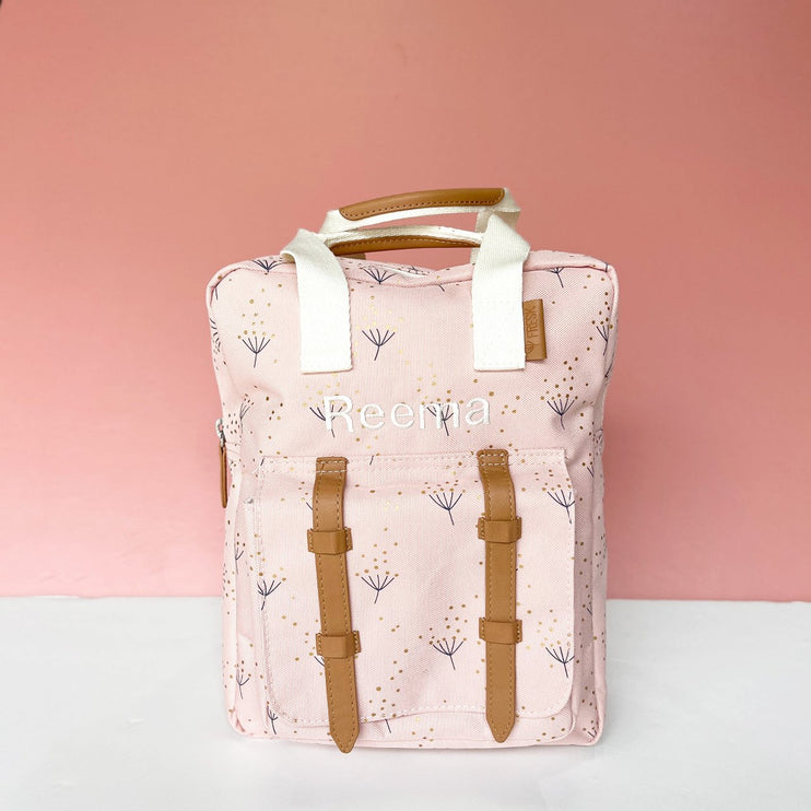 personalized pink dandelion printed backpack for kids