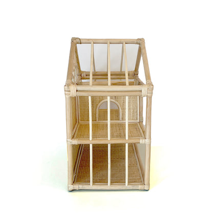 left side view of rattan doll house with attic