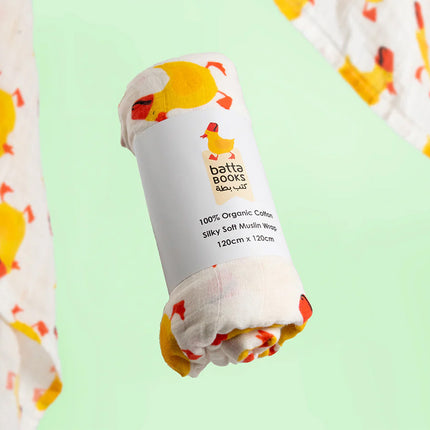 A swaddle blanket from Batta Books with duckling prints.