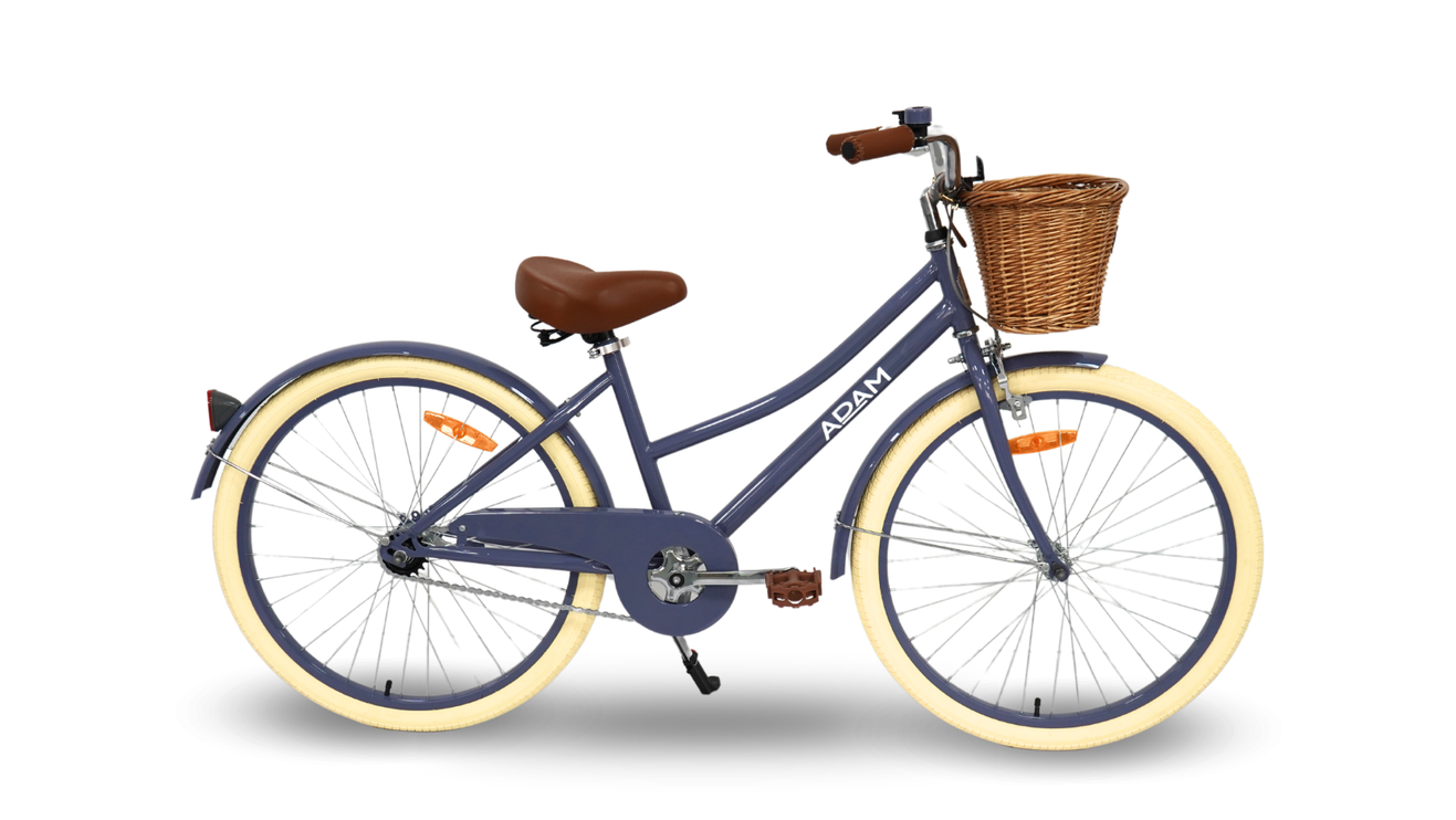 navy blue 24" bike with wicker basket 