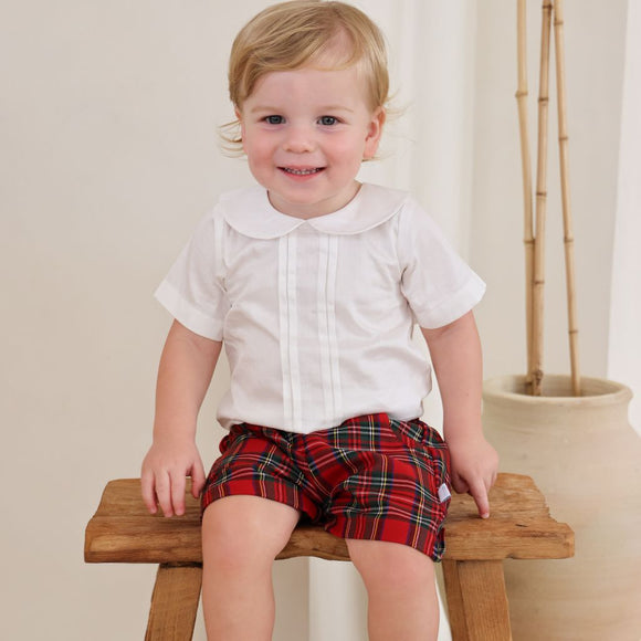 tartan shorts and white top set christmas boys outfit