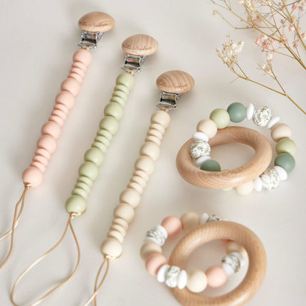 sage beige or peach pacifier clip