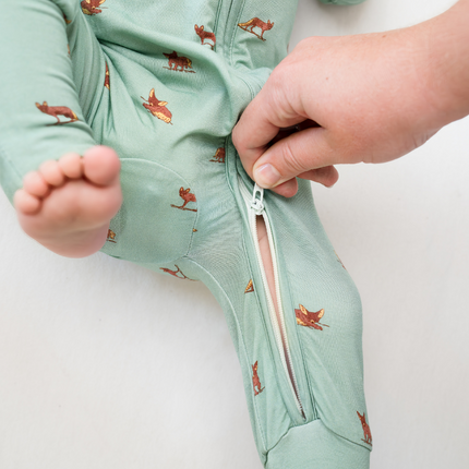 green zippie with fox print bamboo sleepwear