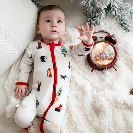 white zippie with christmas print babies