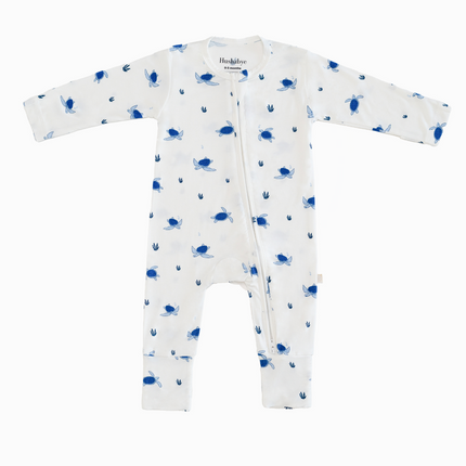 white with blue turtle print zippie bamboo