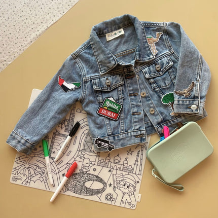 uae coloring placemat denim jacket and uae patches